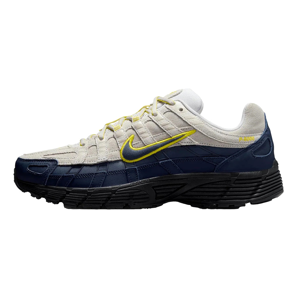 Men's Nike P-6000 PRM sneakers, white with navy panels and yellow swoosh accents