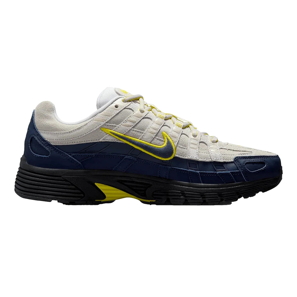 Men's Nike P-6000 PRM sneakers, off-white upper with navy side panels and yellow-green swoosh