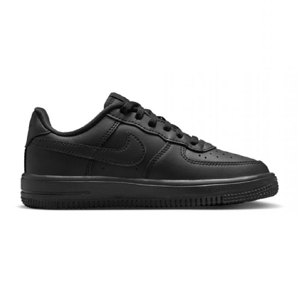 Kids’ black low-top lace sneakers, side profile with perforations and swoosh logo.