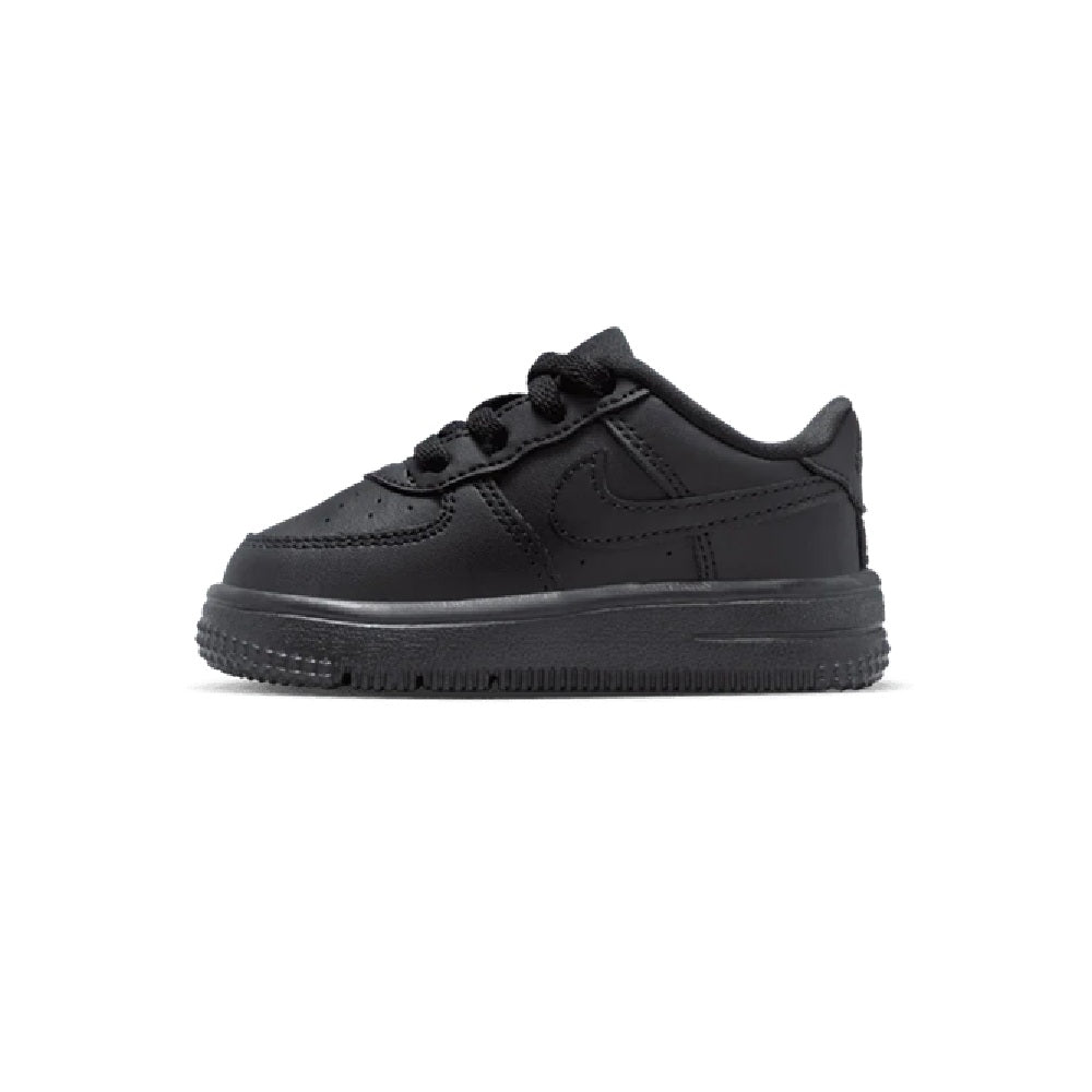 Toddler's black Nike low-top lace-up sneaker with side Swoosh and low-profile sole