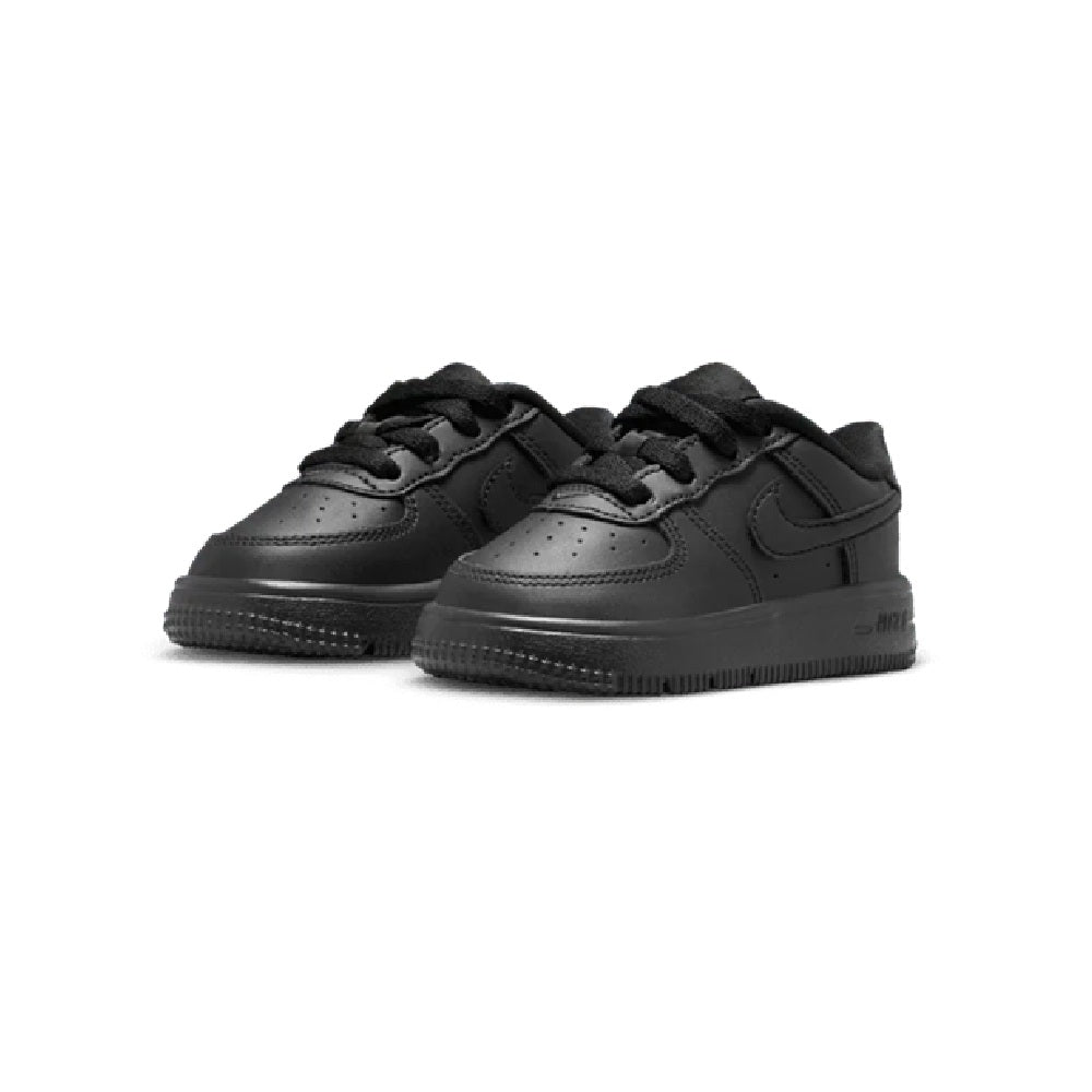 Toddler's black Nike low-top lace-up sneakers, front view with Swoosh details