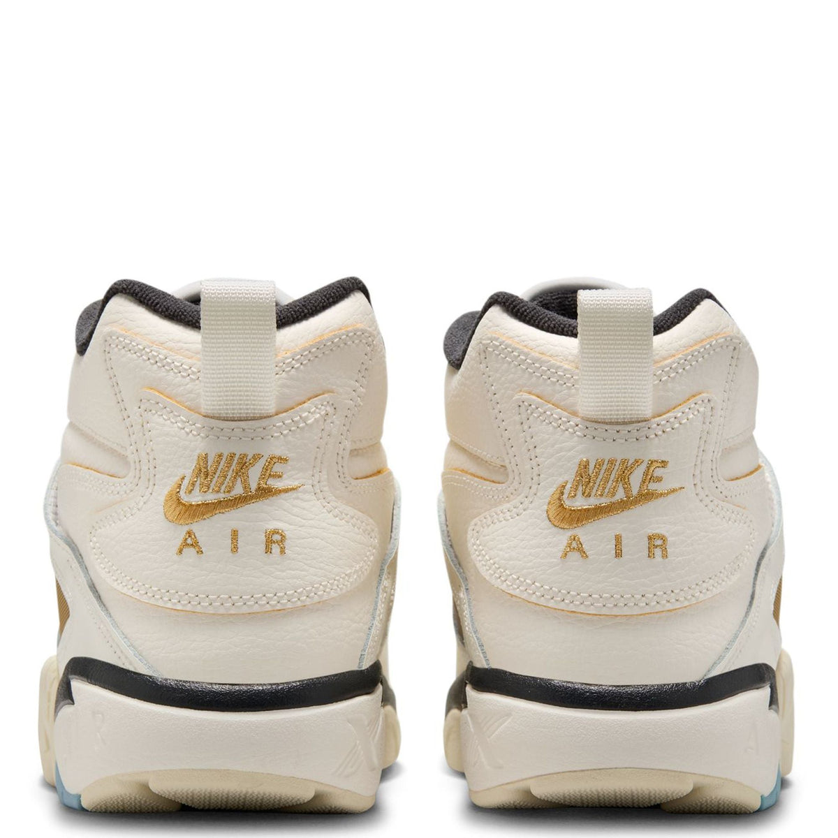 Nike Air high-top sneakers, sail heel with gold 'AIR' logo, blue side detailing
