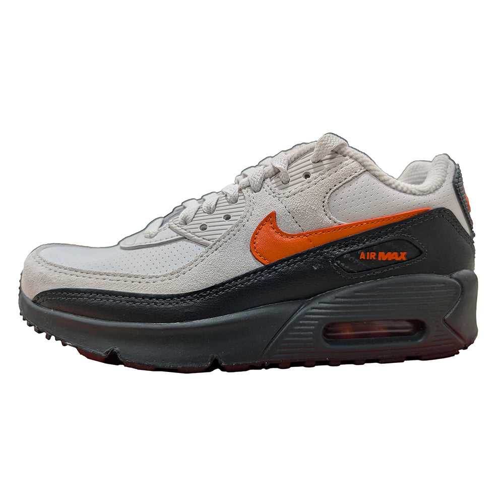 Kids' Nike Air Max 90 SE sneaker, light gray leather with orange swoosh and black overlays
