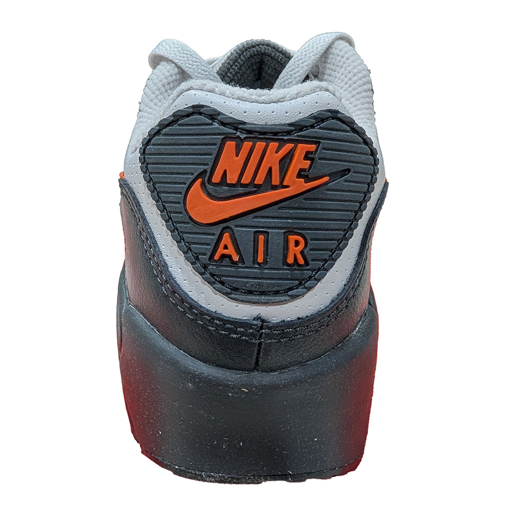 Air Max 90 SE sneaker heel, black detail with NIKE AIR text and orange swoosh logo