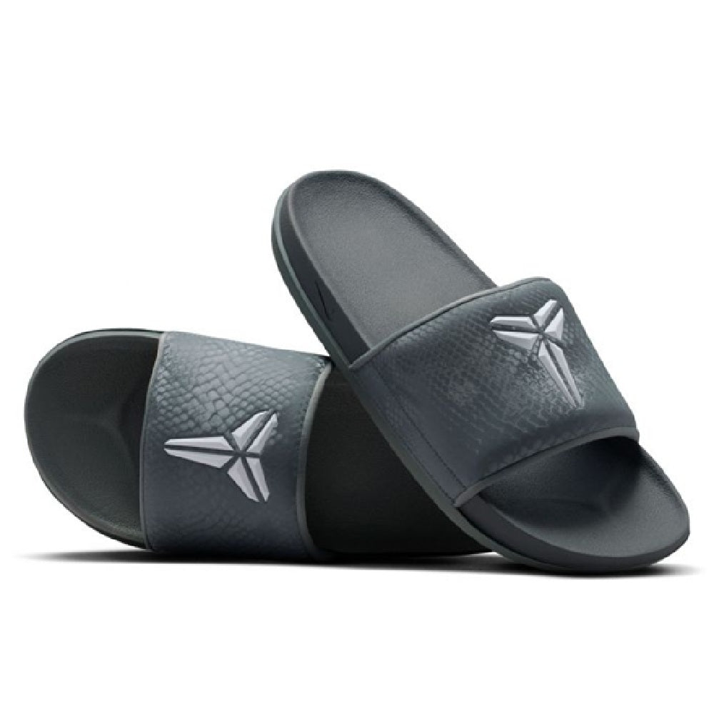 Nike Kobe Offcourt slide sandals, cool grey open-toe view with white Kobe logo