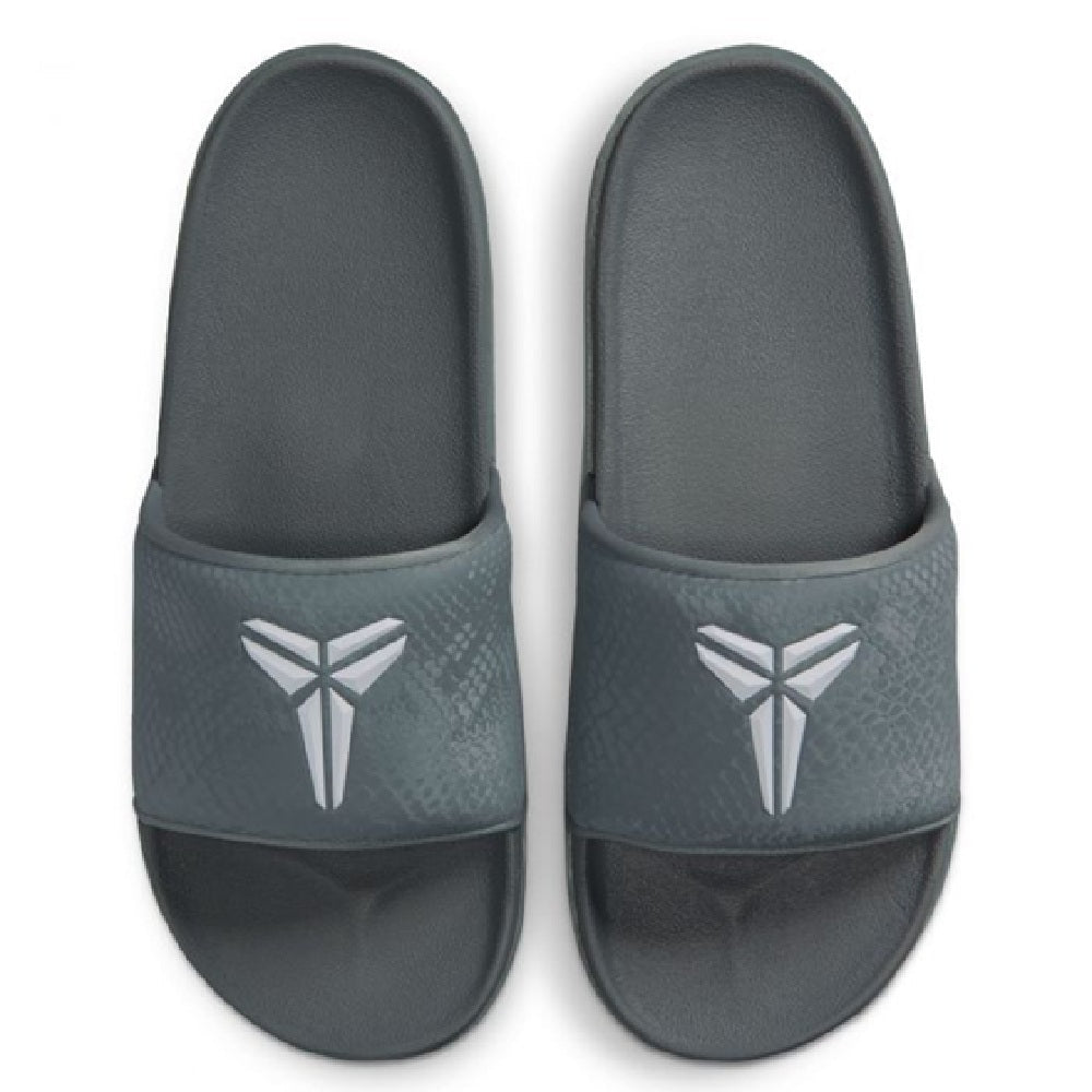 Nike Kobe Offcourt slide sandals, cool grey pair with white Kobe logo on each strap