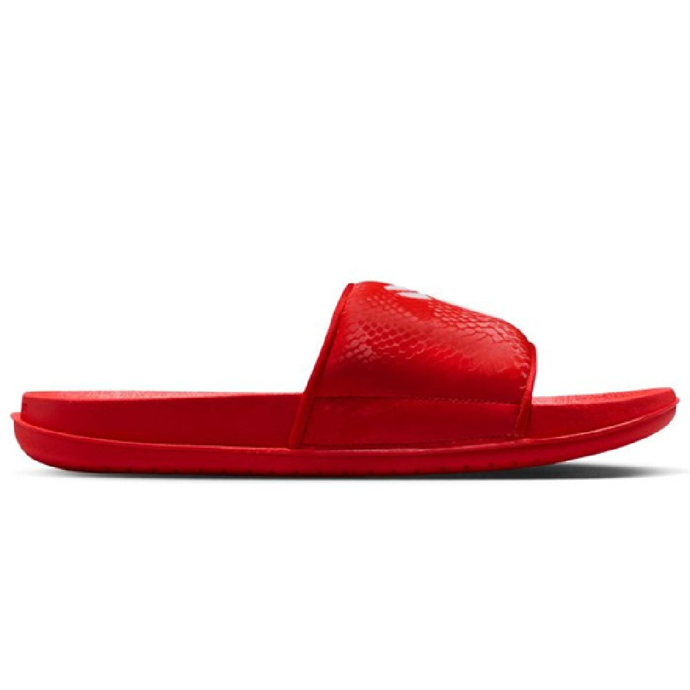 Red Nike Kobe Offcourt slide sandals with textured strap and contoured footbed