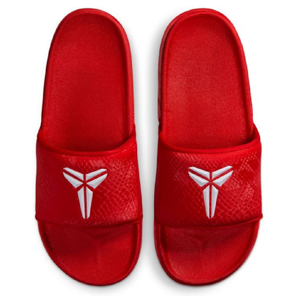 Red Nike Kobe Offcourt slide sandals, pair view with white logo on heel strap