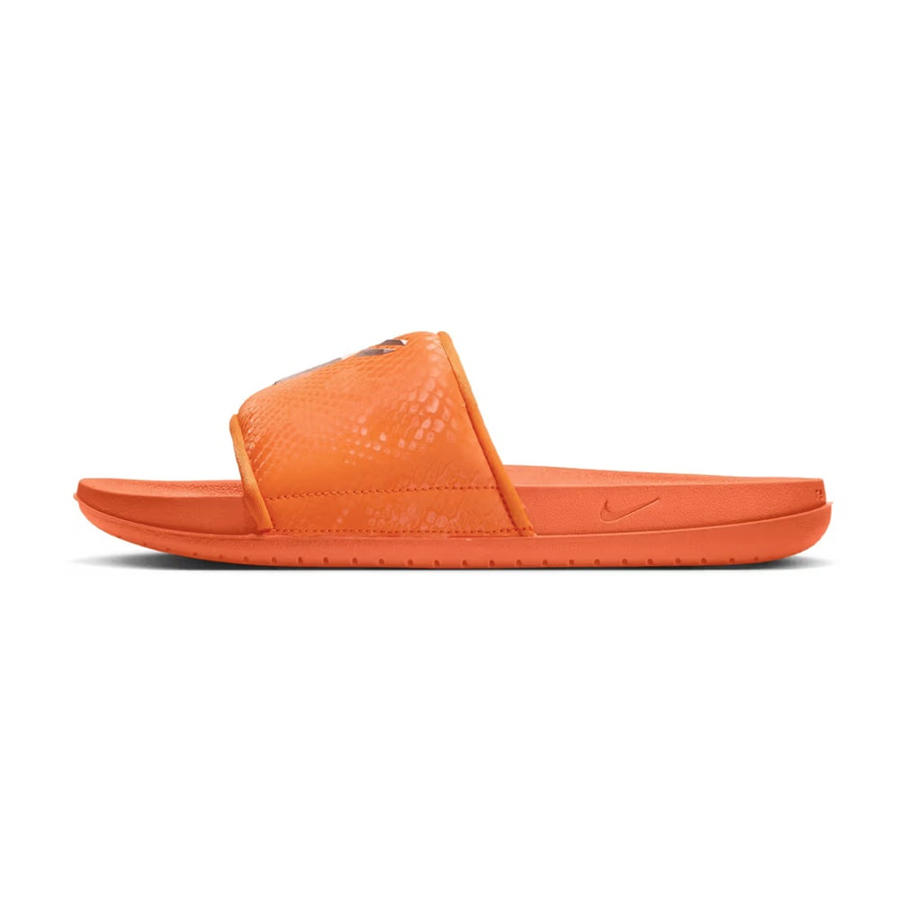 Men's orange slide sandal with padded strap and Nike logo, textured upper.