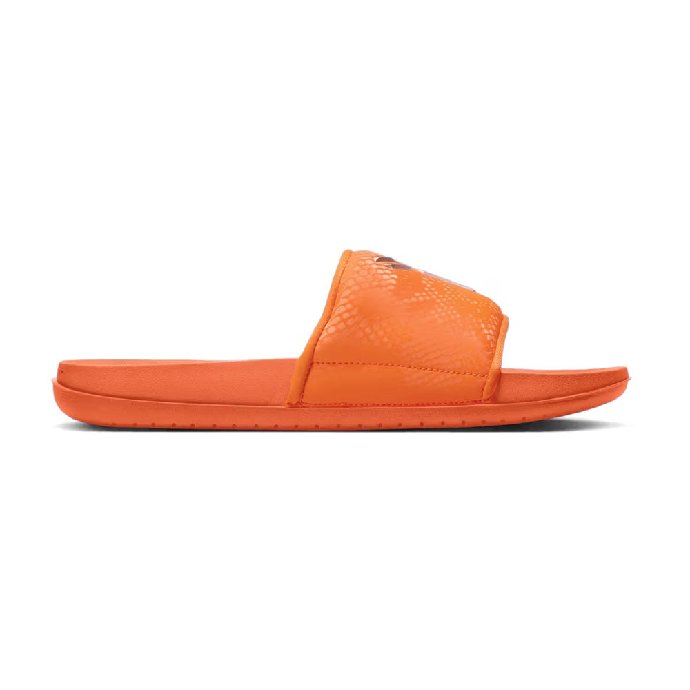 Men's orange slide sandal, side view with cushioned footbed and slip-on strap.