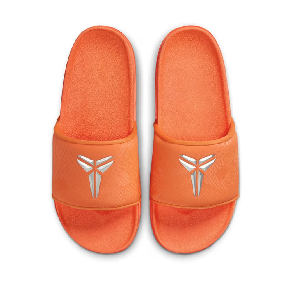 Pair of men's orange slide sandals, front view with star logo on each strap.