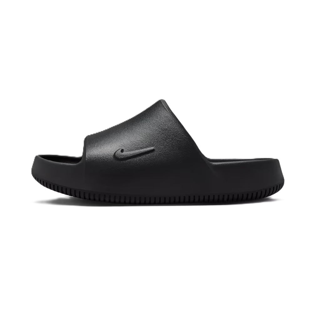 Nike Calm Slide 2.0 kids' slide sandals, black, curved Swoosh logo