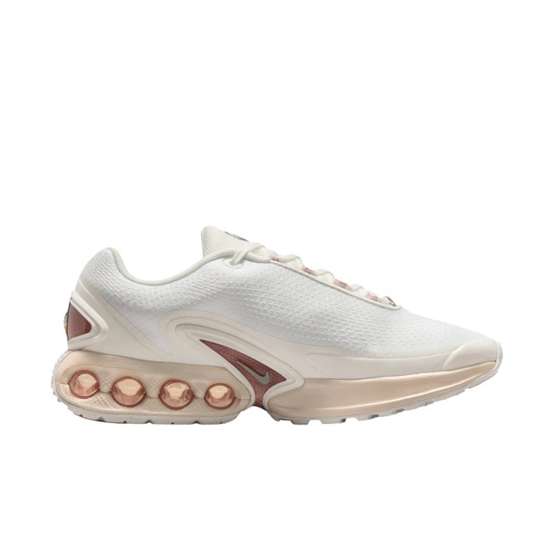 White lace-up running sneaker with maroon Swoosh and translucent Air pod midsole