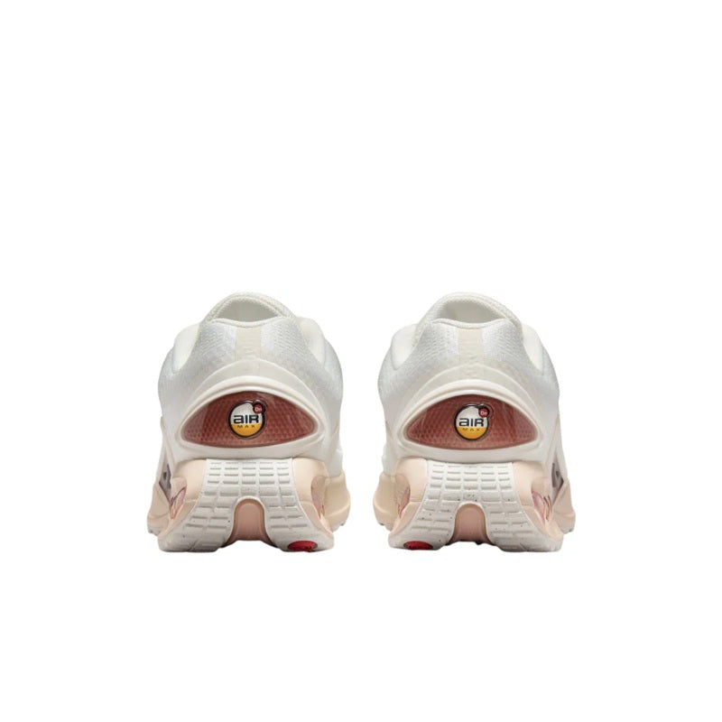 White lace-up running sneaker, rear view with "AIR" heel window and tread outsole