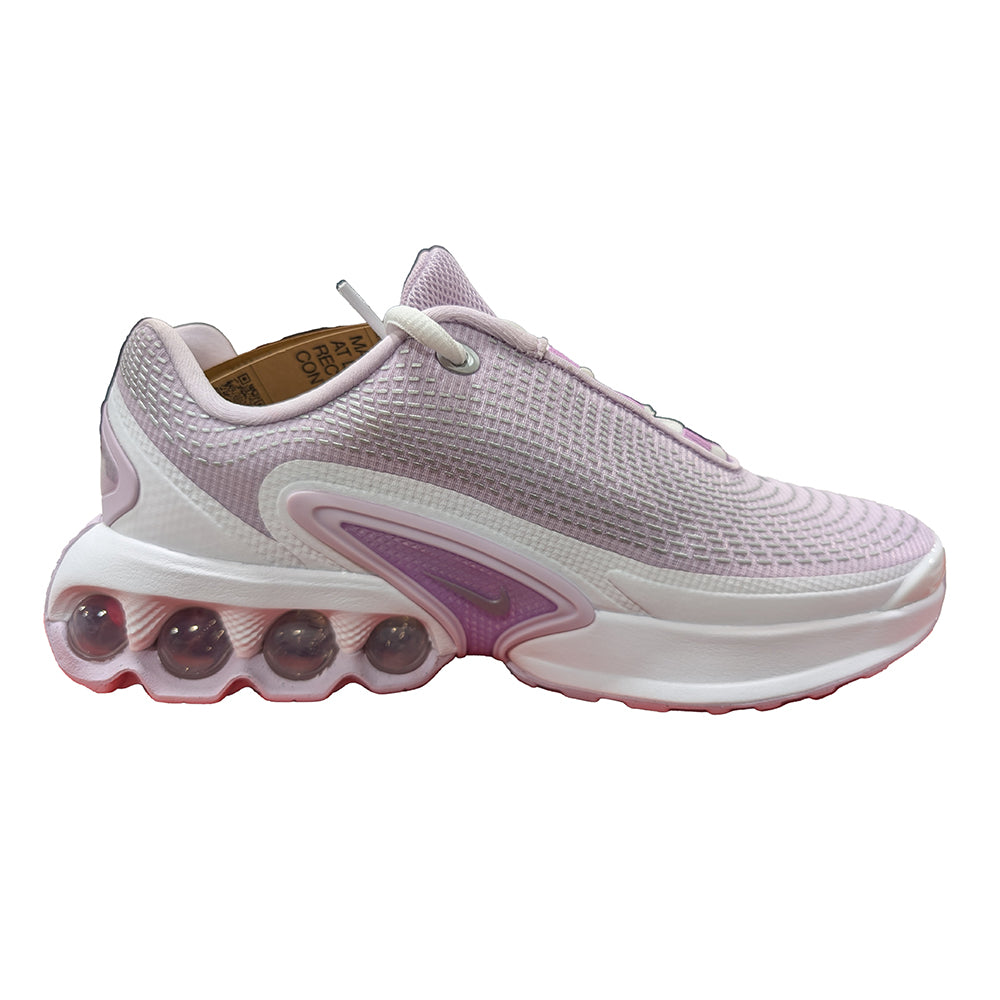 Kids' Nike Air Max DN sneaker side view, lilac knit upper with white midsole and purple panel