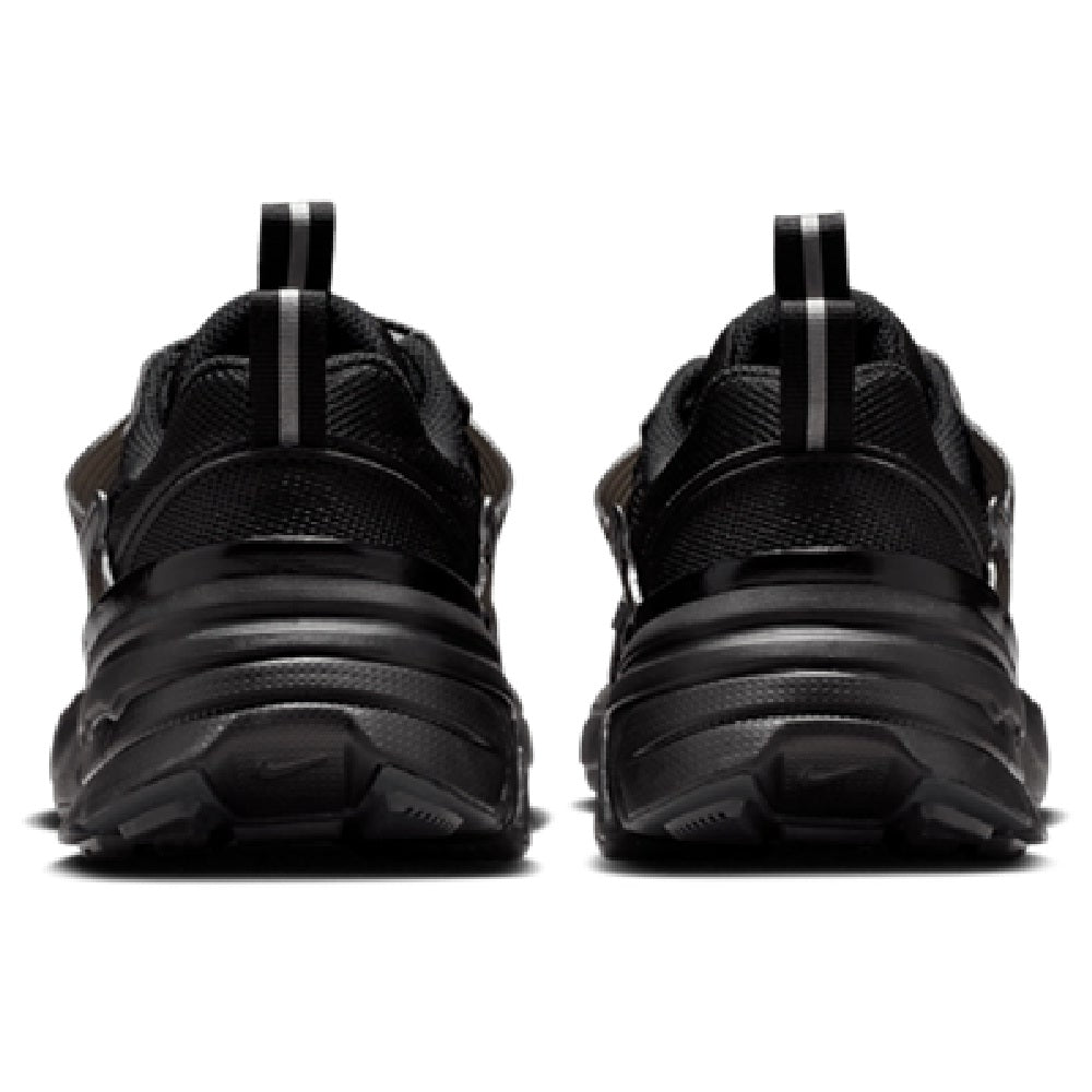 Nike V2K Run women's black sneakers rear view with stacked heel and lace pull tabs