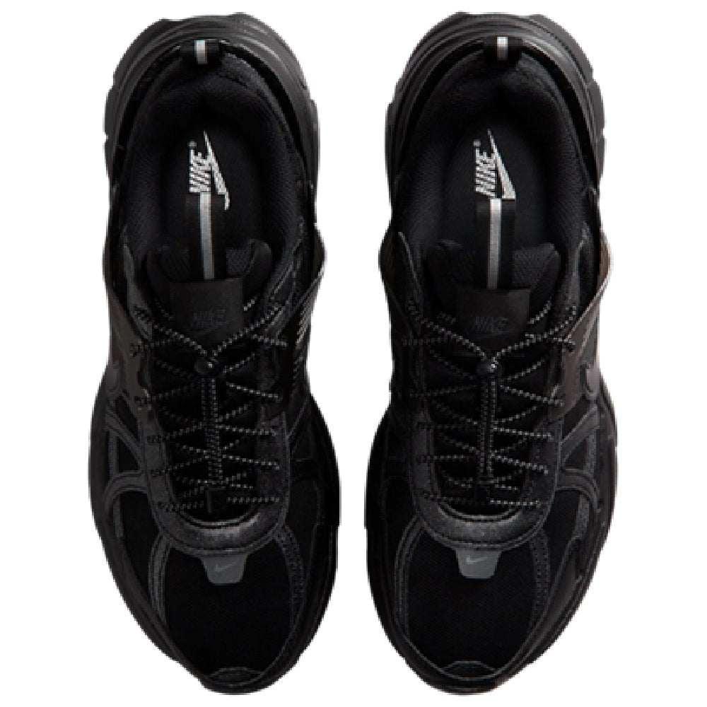 Nike V2K Run women's black sneakers pair view with mesh upper and lace-up closure