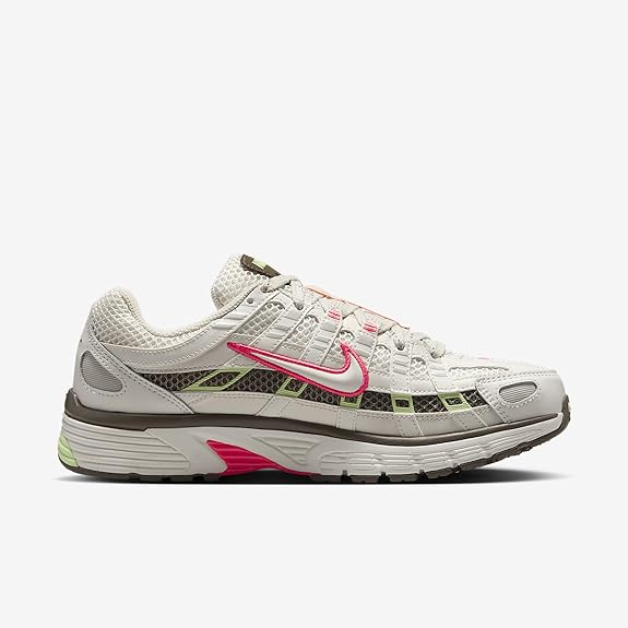 Nike P-6000 sneakers, side view, off-white mesh with pink swoosh and green stripe