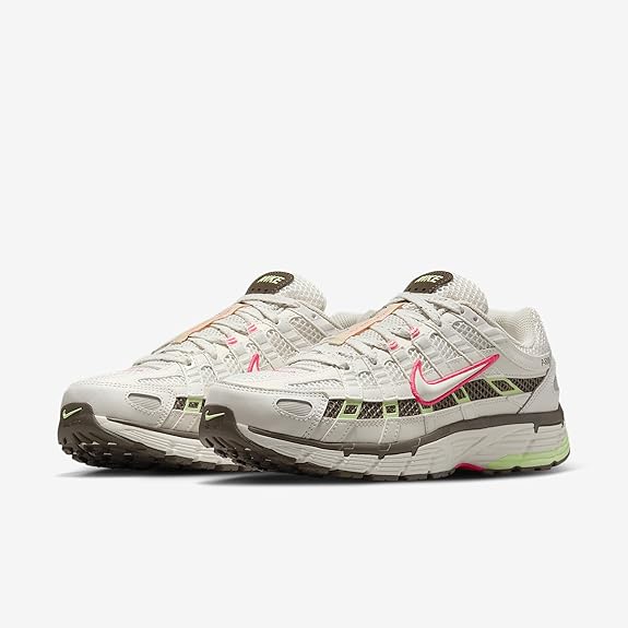 Nike P-6000 sneakers, angled front, off-white upper with pink swoosh and green blocks