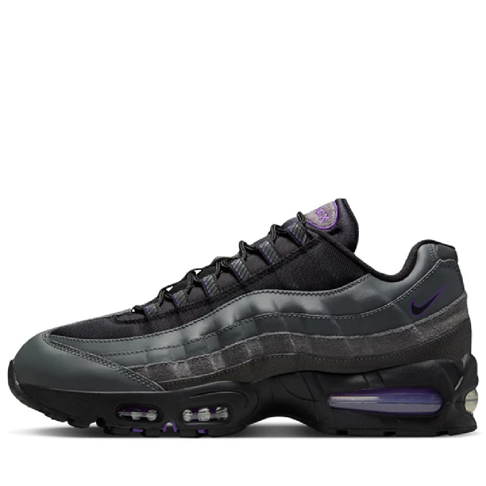 Men's Nike Air Max 95 OG sneaker, dark gray/black with purple accents and visible Air units.