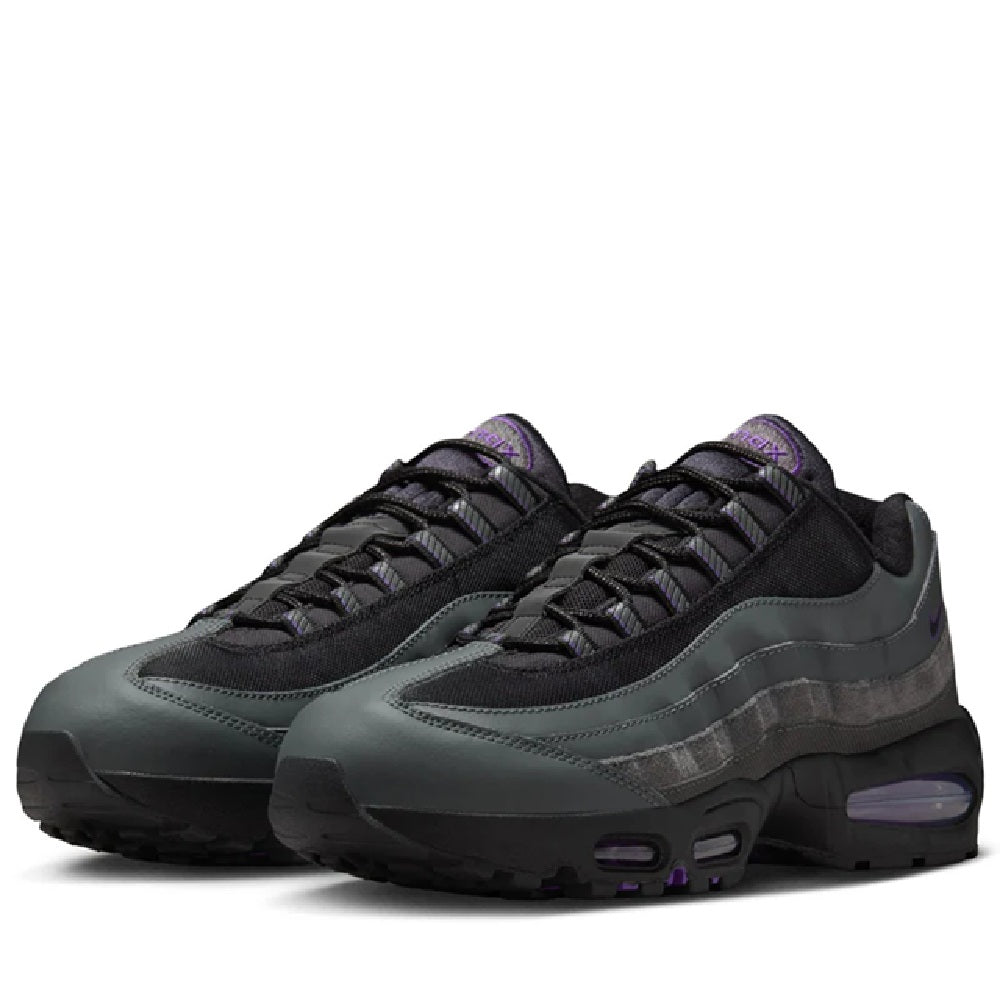 Men's Nike Air Max 95 OG sneaker, front view in dark gray/black with purple Air units.