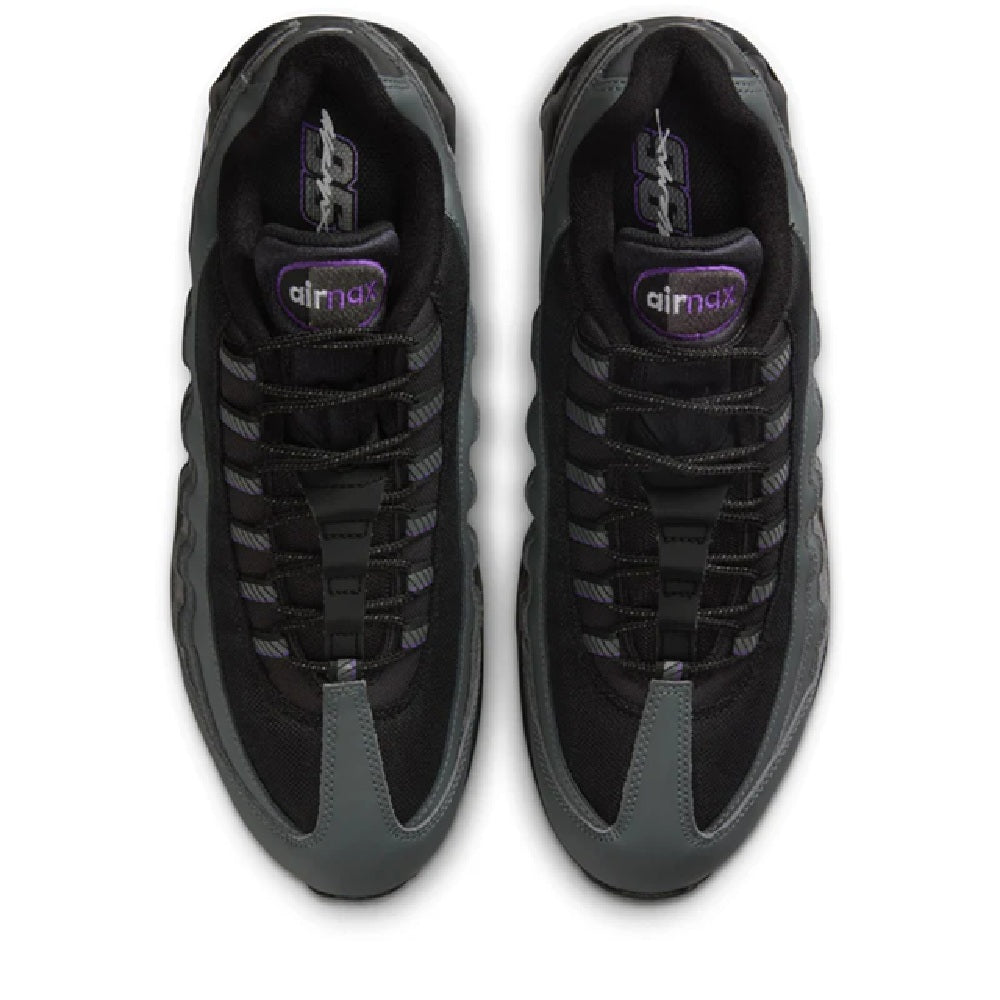 Men's Nike Air Max 95 OG sneakers, black uppers with purple tongue logo and lace-up mesh.