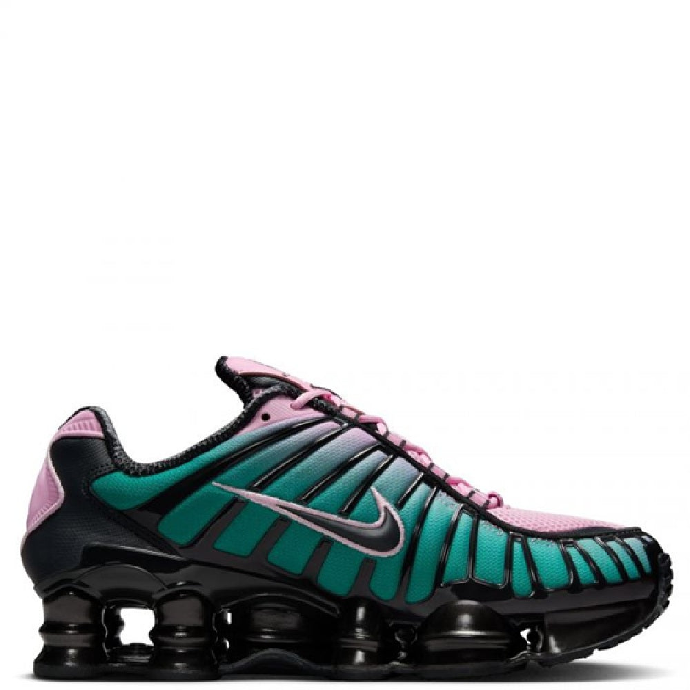 Nike Shox TL fade sneakers in pink, teal, and black with pink laces and chunky air sole
