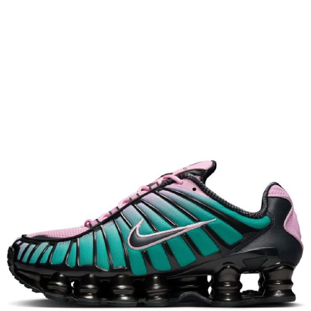 Nike Shox TL fade running shoes with pink upper, teal panels, black swoosh, and air pods