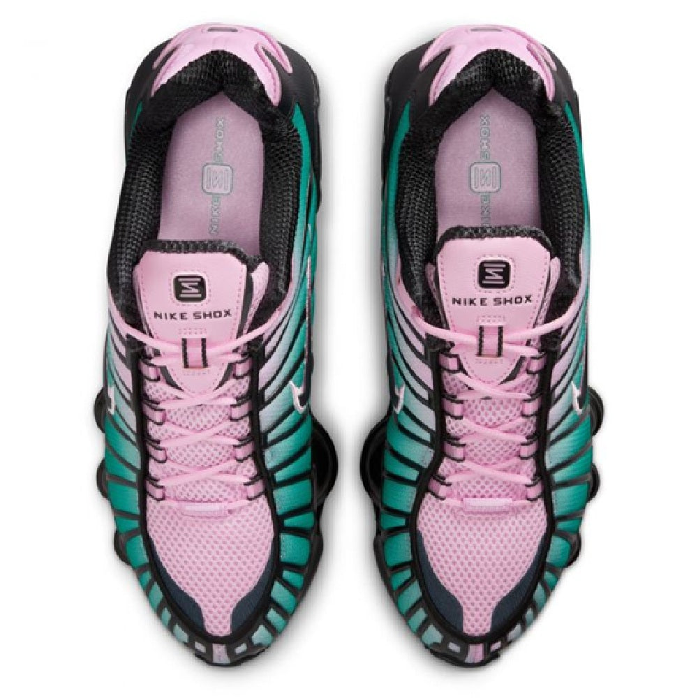 Nike Shox TL fade shoe top view with pink laces, teal side stripes, and black lining