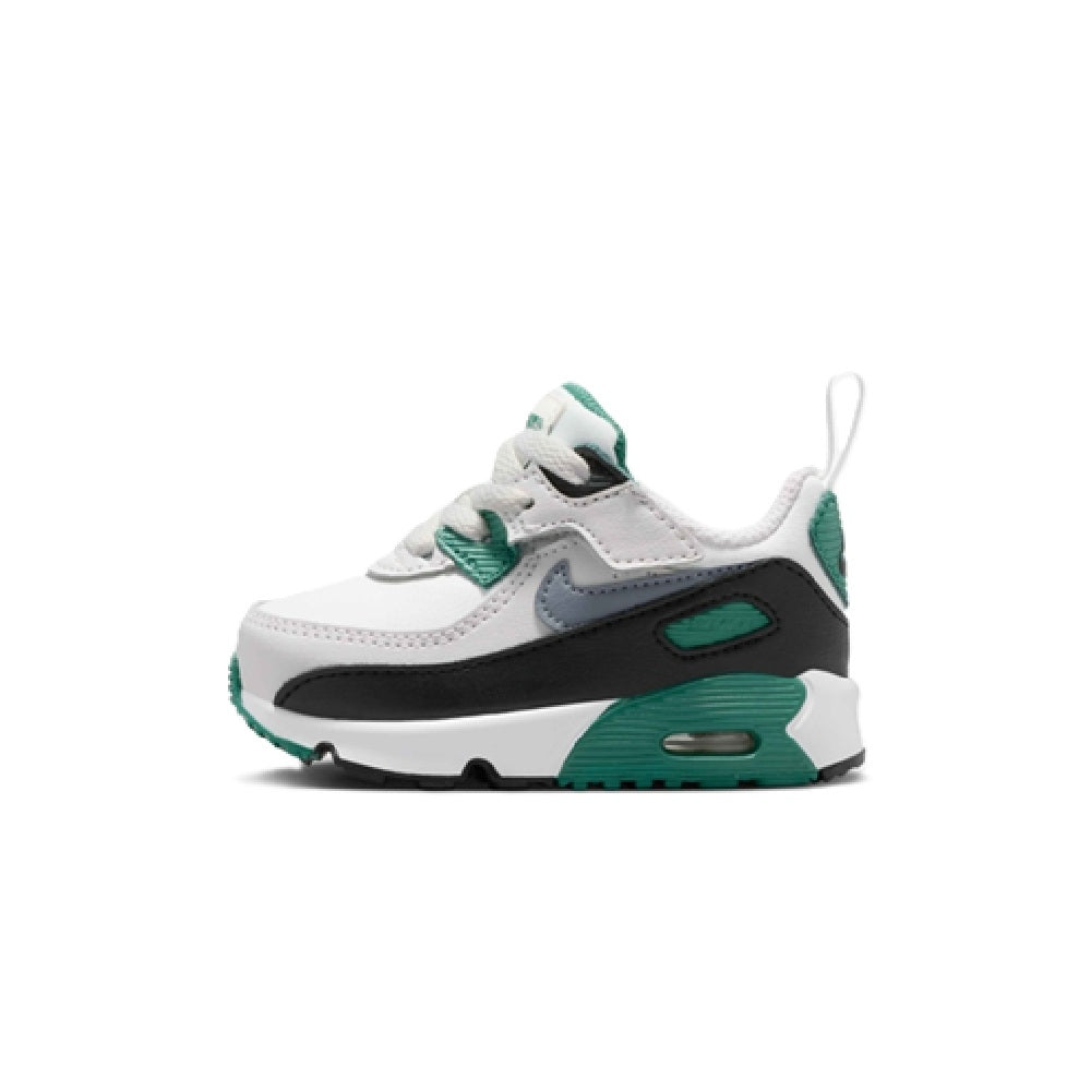 Kids Nike Air Max 90 EasyOn sneakers, side view in white, black, and green