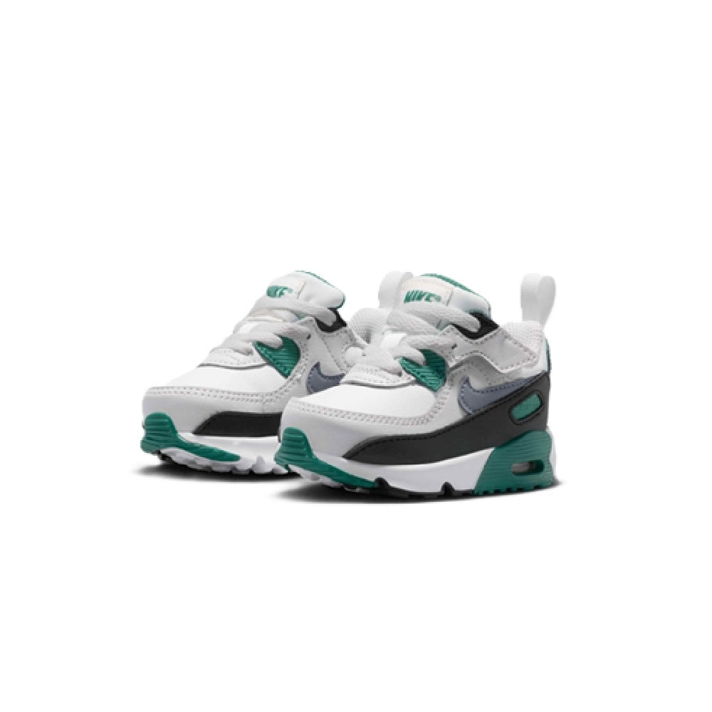Kids Nike Air Max 90 EasyOn sneakers, pair view with white uppers and teal panels