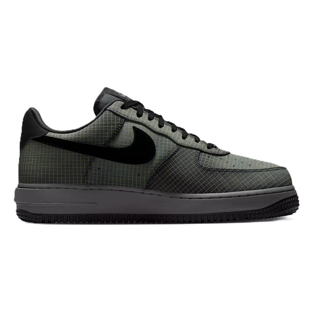 Men's Nike Air Force 1 low-top sneakers with black Swoosh and dark grid upper