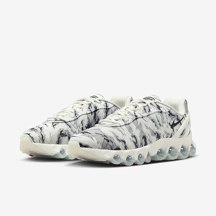 Nike Air Max DN8 PRM sneakers, side view, white with dark gray marble print