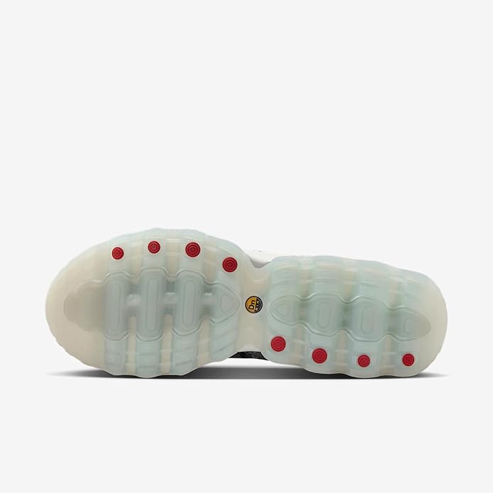 Nike Air Max DN8 PRM outsole view, translucent rubber pods with red traction dots