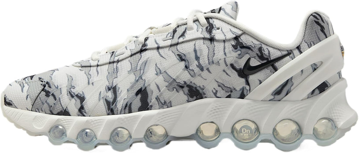 Men's Nike Air Max DN8 PRM sneakers, white with dark gray camo print and lace-up