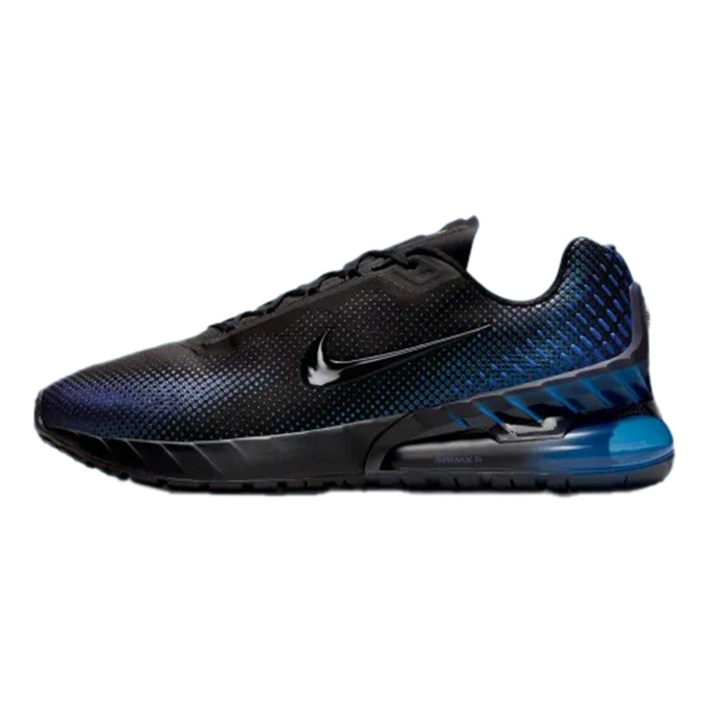 Men's Nike Air Max sneaker with black and deep blue knit upper, Swoosh, visible Air unit