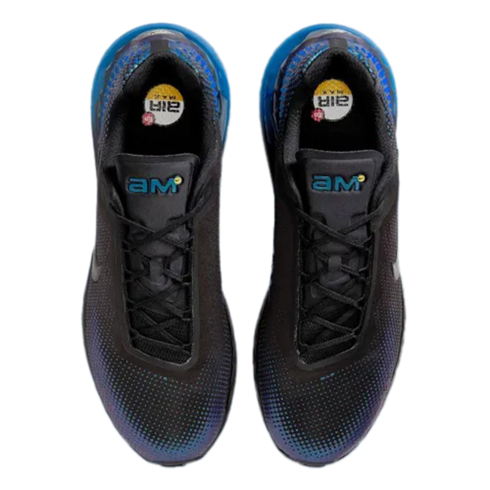 Men's Nike Air Max lace-up shoes with black uppers and blue-trim collar, tongue labels