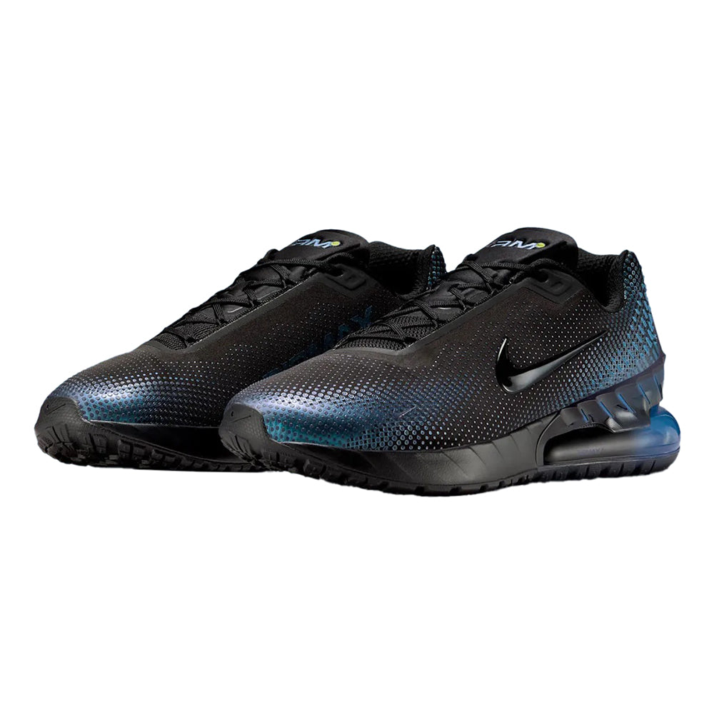 Men's Nike Air Max sneakers with black knit texture and deep blue accents, Swoosh, Air unit