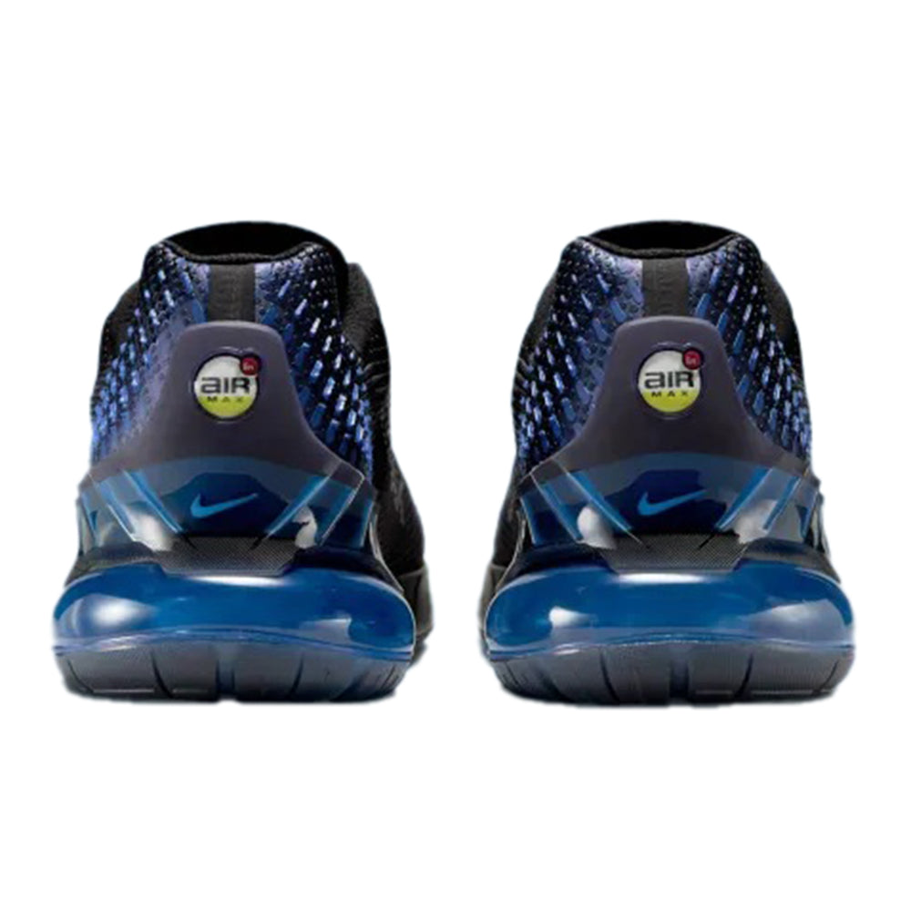 Men's Nike Air Max heel view with black-and-blue knit back, Air logo window, blue outsole