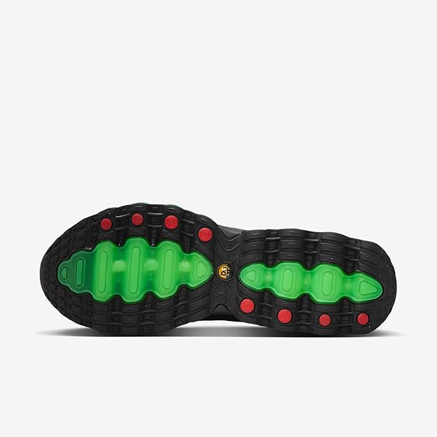 Black outsole with green traction pods and red circular tread markings