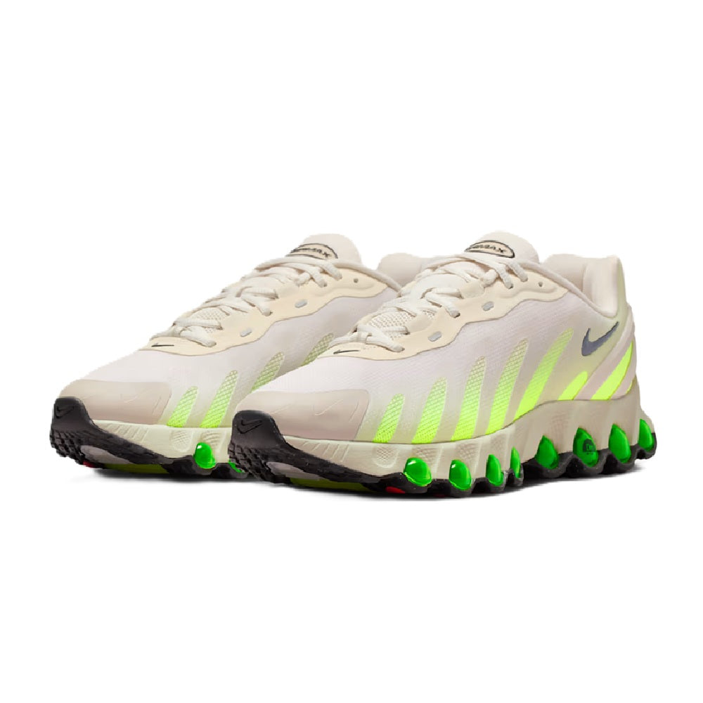 Men's Nike Air Max DN8 sneakers, light brown uppers, neon green stripes, lace-up style.