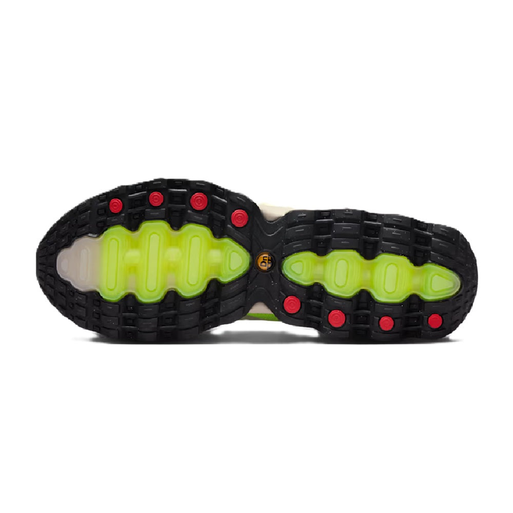 Men's Nike Air Max DN8 outsole, black tread with lime green inserts and red traction pods.