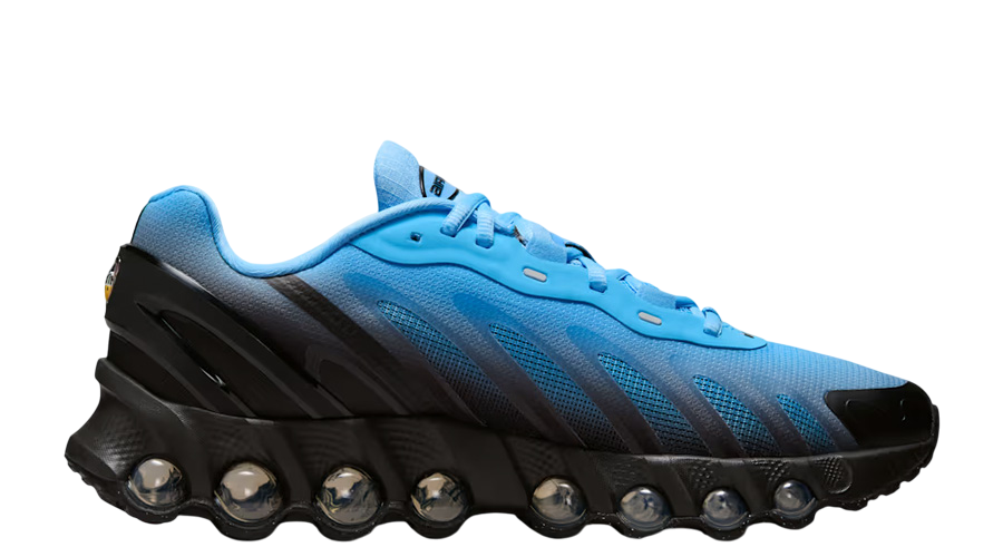Nike Air Max DN8 sneaker, university blue and black, three-quarter view with Air soles