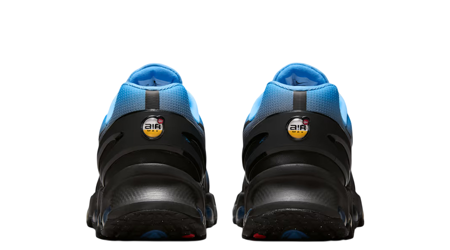 Pair of Nike Air Max DN8 sneakers, blue uppers with black heels, rear view