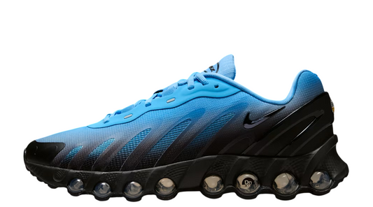 Men's Nike Air Max DN8 sneaker, university blue and black, side profile with Air unit