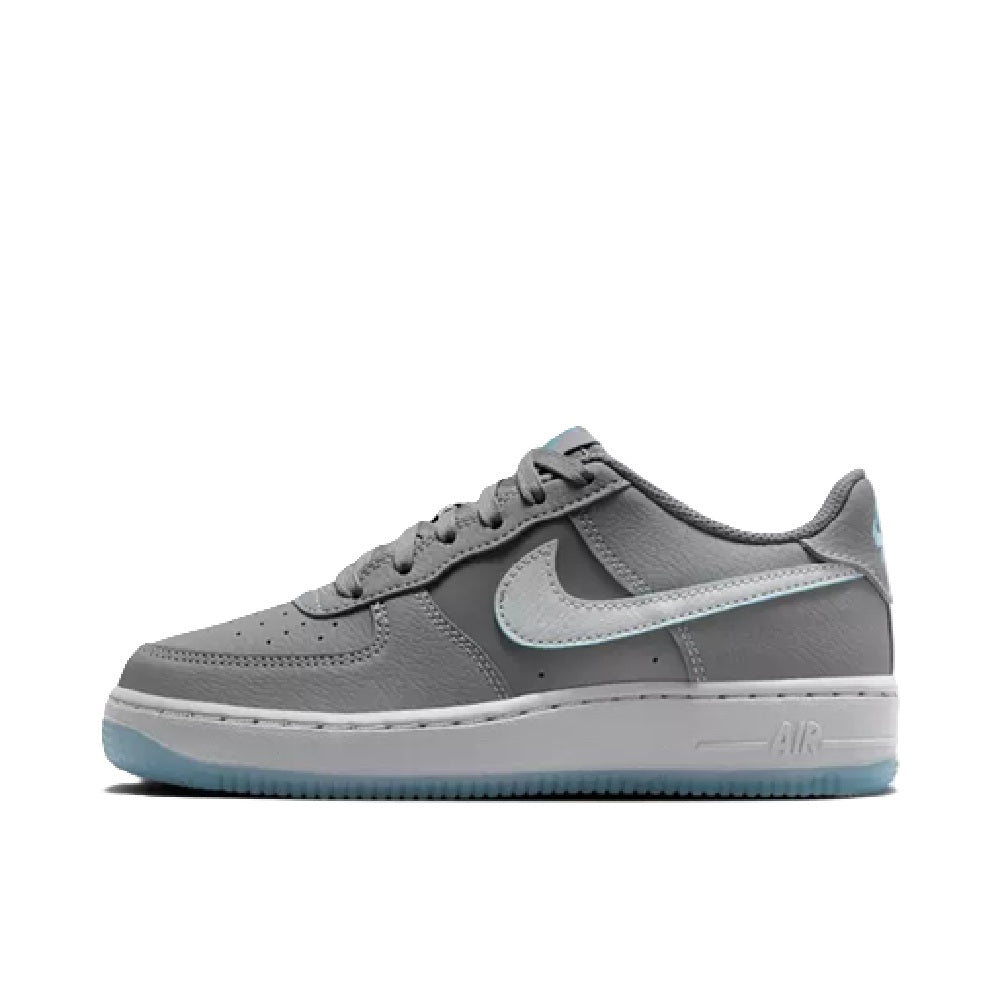 Big Kid's Nike Air Force 1 SE low-top gray upper with light blue swoosh