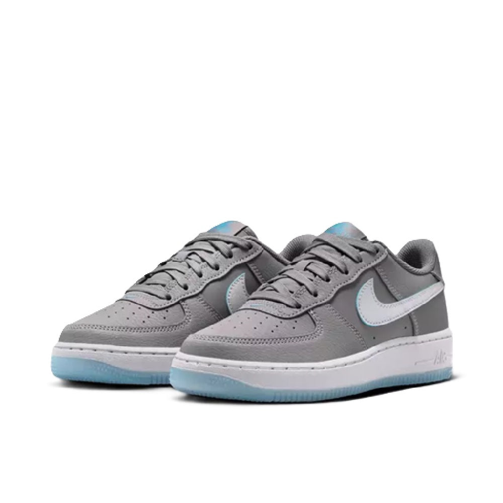 Pair of Big Kid's Nike Air Force 1 SE sneakers in gray with light blue outsole