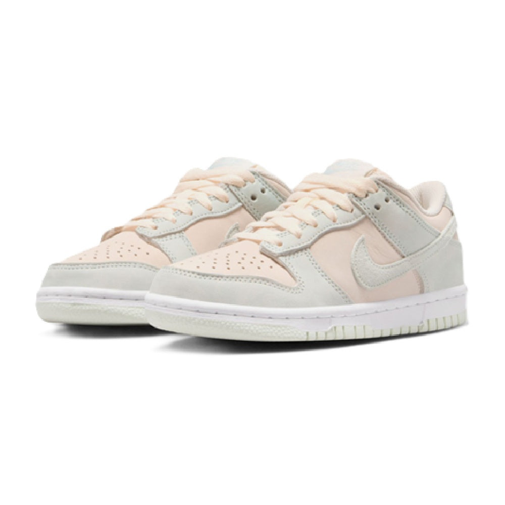 Big Kid's Nike Dunk Low suede sneakers, lace-up with light beige toe and pale green overlays
