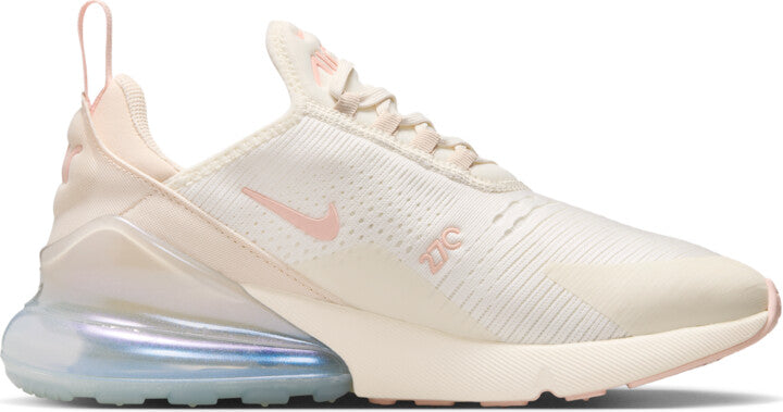 Women's Nike Air Max 270 sneakers, side view of soft pearl knit with pink Air Max logo