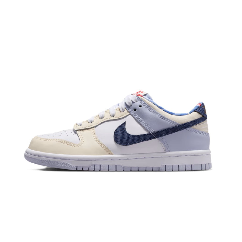 Kids' Nike Dunk Low sneakers in white, navy, and light cream, low-top lace-up